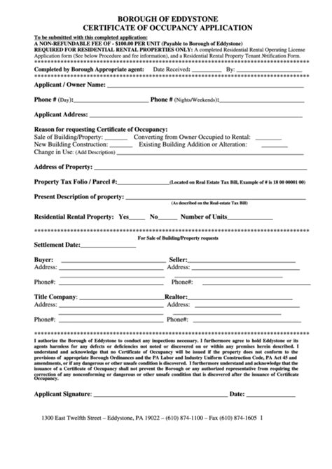 Certificate Of Occupancy Application Form Printable Pdf Download