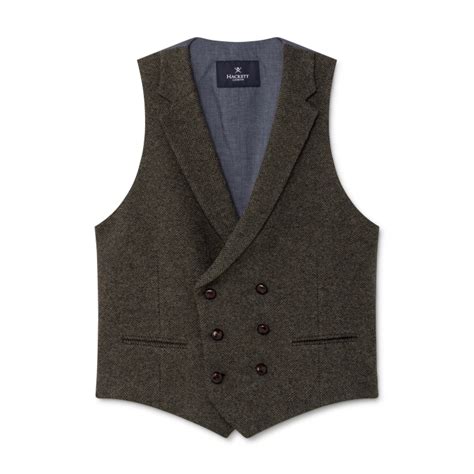 Hackett Herringbone Knit Wool Blend Double Breasted Waistcoat In Khaki