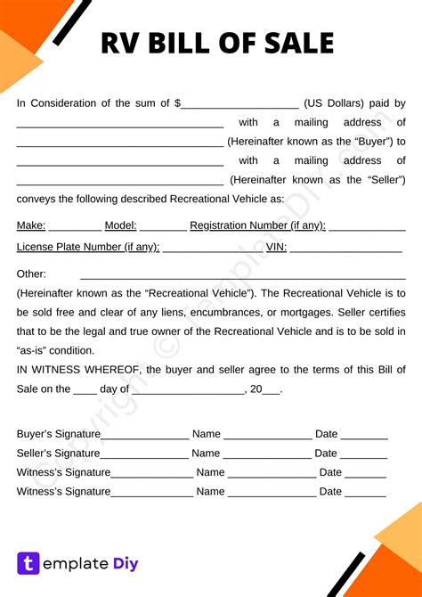 Rv Bill Of Sale Blank Printable Form Template In Pdf Word