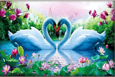 Swans Heart Pond Magnolia Water Painting Waterlilies Artwork