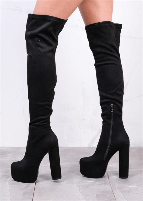 Over The Knee Round Block Heel Platform Suede Long Boots Black