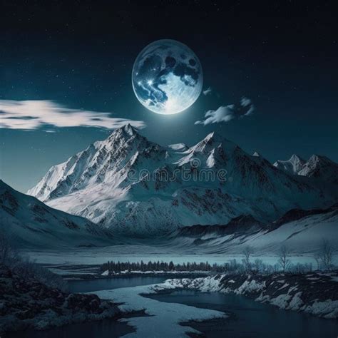 Full Moon A Winter View Of Snow Capped Mountains White Rocks And