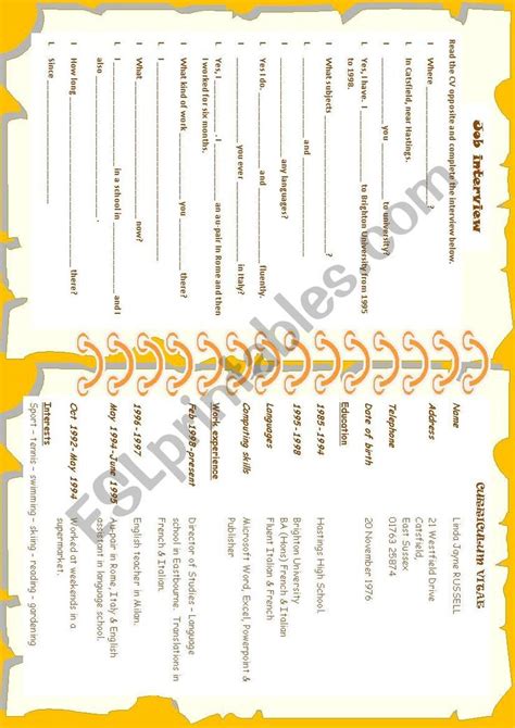 CV ESL Worksheet By Natalia Kotsiuruba Esl Worksheets Worksheets