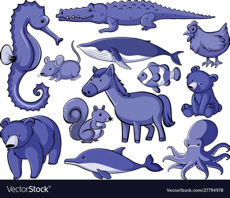 Isolated Set Many Animals In Purple Color Vector Image