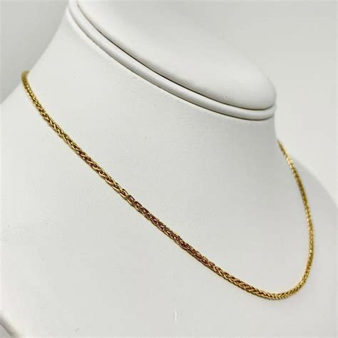 18k Solid Yellow Gold Thin 15mm Wheat Link Chain Necklace