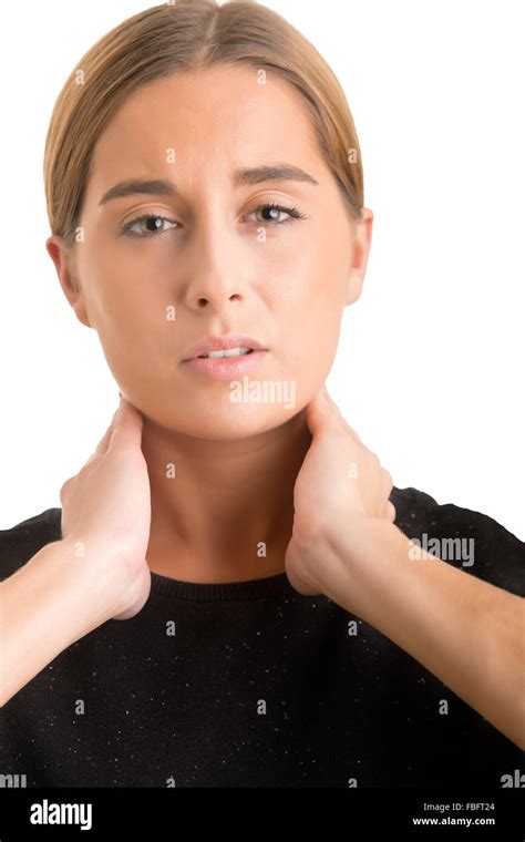Woman With A Sore Throat Holding Her Neck Stock Photo Alamy