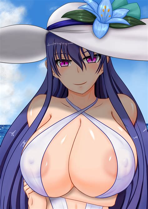 Rule 34 Akiyama Rinko Areolae Beach Bikini Blue Hair Cleavage Curvy Female Hat Huge Breasts