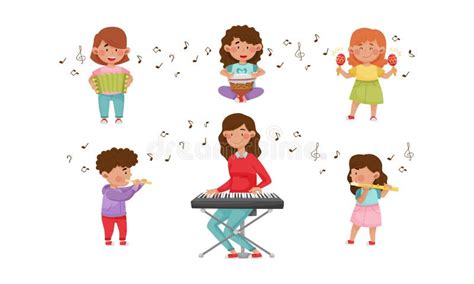 Happy Kids Playing Different Musical Instruments Vector Illustrations