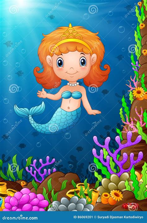 Cartoon Funny Little Mermaid Under The Sea Stock Vector Illustration