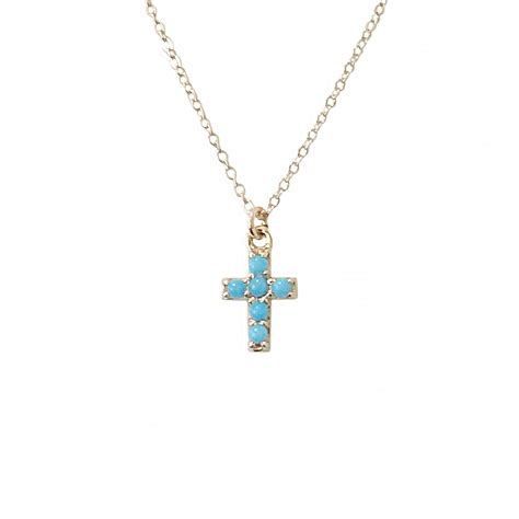 Turquoise Cross 14k Solid Gold Necklace Pavé Small Dainty Etsy