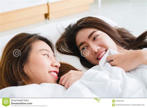 Beautiful Young Asian Women Lesbian Happy Couple Hugging
