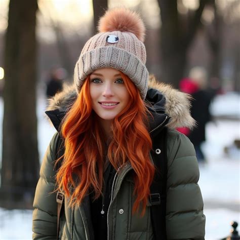 Premium Ai Image Woman With Long Red Hair Wearing A Black Beanie