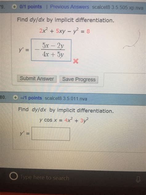solved find dy dx by implicit differentiation 2x 2 5xy
