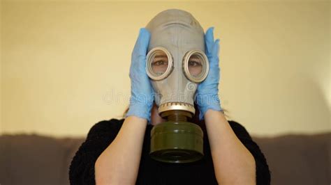 White Woman In Medical Gloves Puts On A Gas Mask Stock Video Video Of