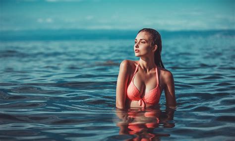 Wallpaper Women Bikini Top Water Sea Portrait Looking Away Wet Body Wet Hair 1500x904