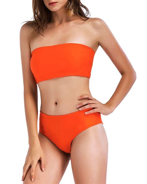 Women Strap Wrap Tube Bandeau Top Bikini Set Push Up Padded Swimsuit Bathing Suit 2 Pcs Orange