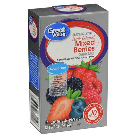 Great Value Sugar Free Electrolyte Mixed Berries Drink Mix 085 Oz
