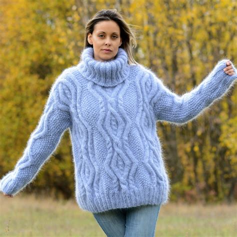 Unisex Light Blue Cable Hand Knit Mohair Sweater By Extravagantza