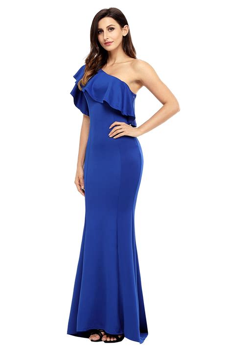 Royal Blue Ruffle One Shoulder Elegant Mermaid Dress Blue L