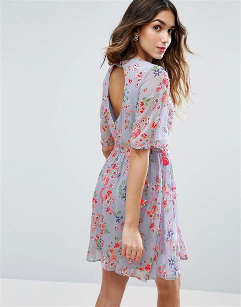 Asos Premium Pretty Floral Print Skater Dress With Embroidery Multi
