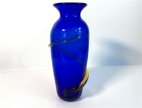 Vintage Blenko Art Glass Cobalt Blue Vase W Amber Cord Richard Blenko Signed Spiral Hand