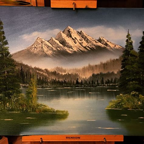 Bob Ross Style Mountain Scene Oil Painting With Lake And Trees X
