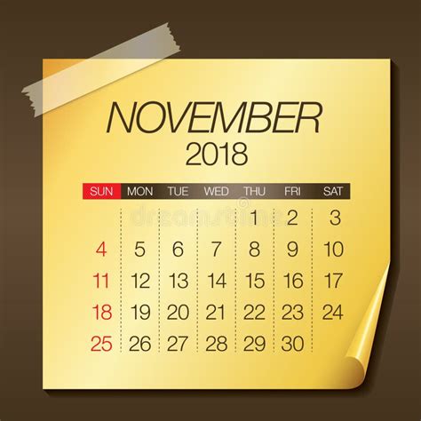 November 2018 Calendar Vector Illustration Stock Vector Illustration