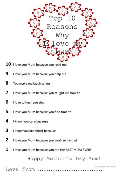 Top 10 Reasons Why I Love My Mom Worksheet Free Esl Printable