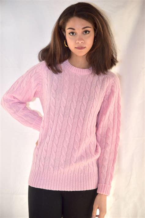 Pink Wool Cable Knit Sweater S M Etsy