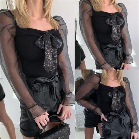 Womens Sexy Ladies See Through Sheer Mesh Transparent Puff Long Sleeve