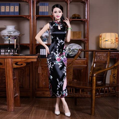 Black Traditional Chinese Dress Long Cheongsam Qipao Party Evening Dresses Sleeveless Female