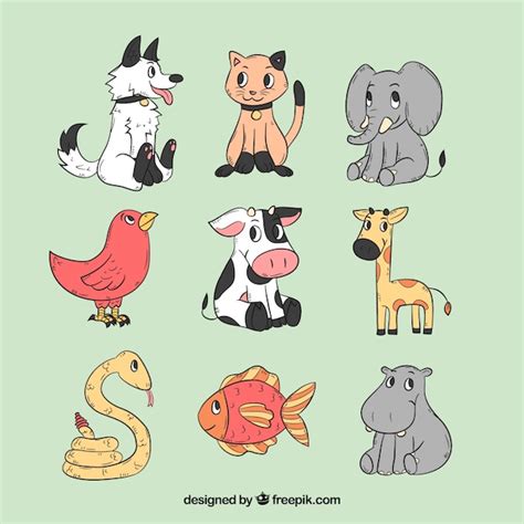 Conjunto Dibujado A Mano De Animales De Dibujos Animados Vector Gratis