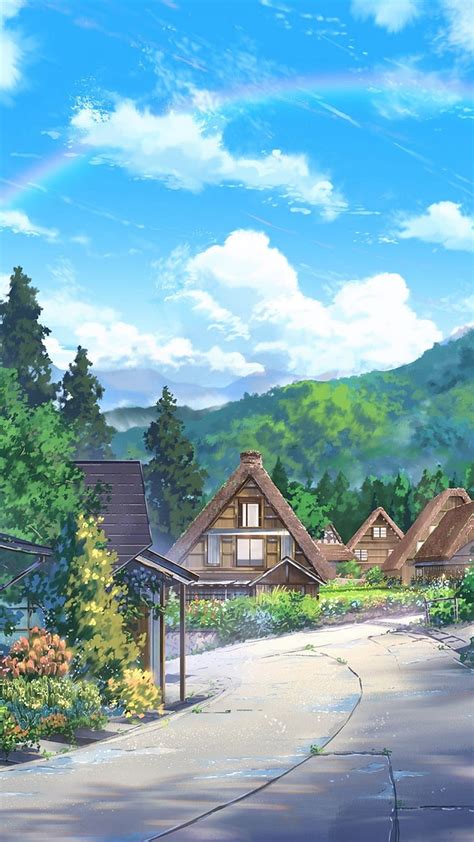1080x1920 Anime Landscape Houses Scenic Clouds Nature Anime Nature