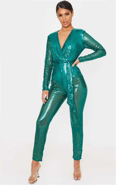 Green Sequin Long Sleeve Jumpsuit Prettylittlething Ca