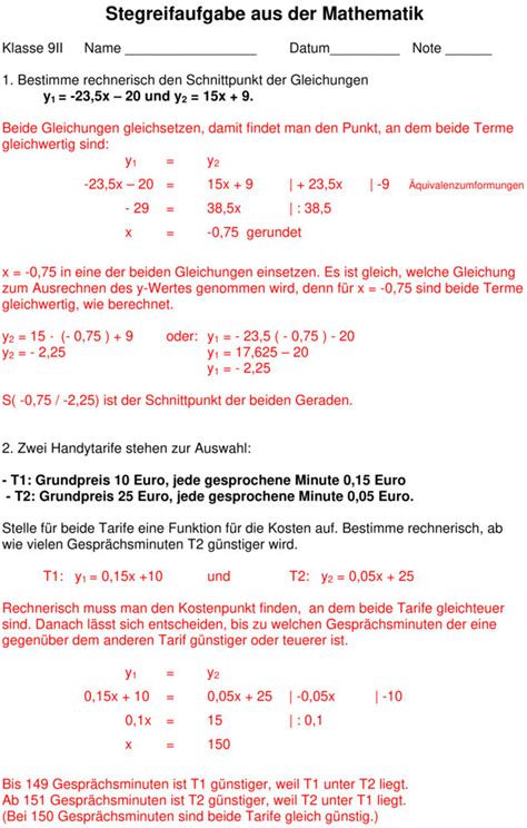 Klasse in mathematik betrachtung quadratischer funktionen: Klassenarbeit zu Lineare Gleichungssysteme 9. Klasse
