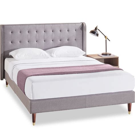 Sha cerlin queen size platform bed frame with headboard and wood slats, fabric upholstered mattress foundation with metal legs, no box spring needed, dark grey. Zinus Benton 43" Upholstered Platform Bed Frame with ...