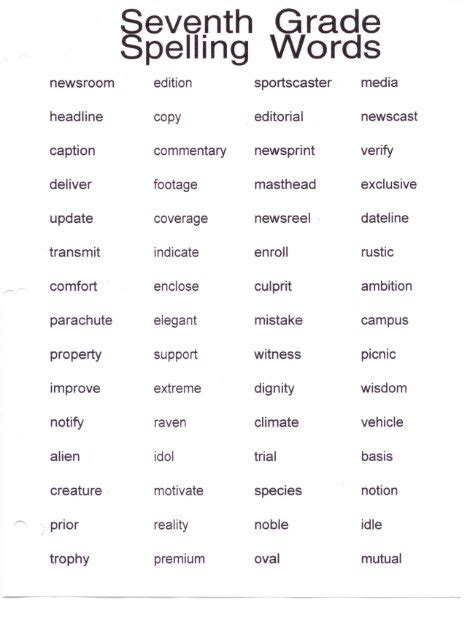 Printable 7th Grade Spelling Words