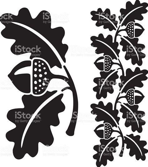 Black And White Stylized Illustration Of Acorns And Oak Leaves