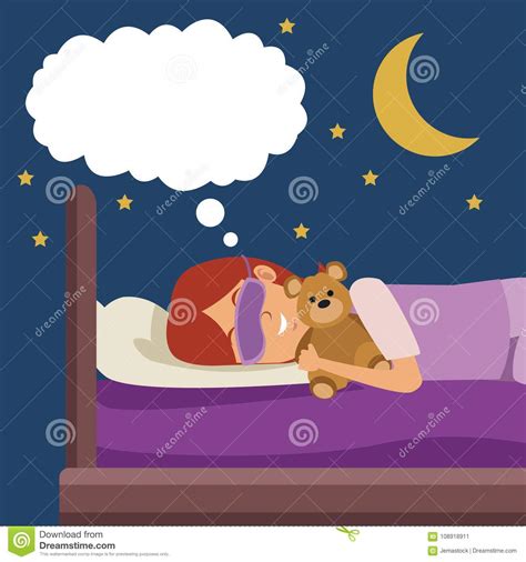 Colorful Scene Girl With Sleep Mask Dreaming In Bed At Night Embraced A