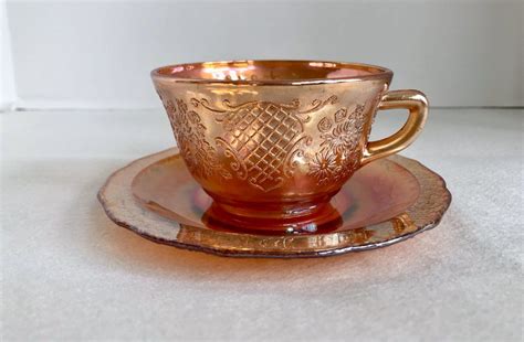 Federal Glass Normandie Pattern Marigold Orange Iridescent Carnival Glass Cup And Saucer