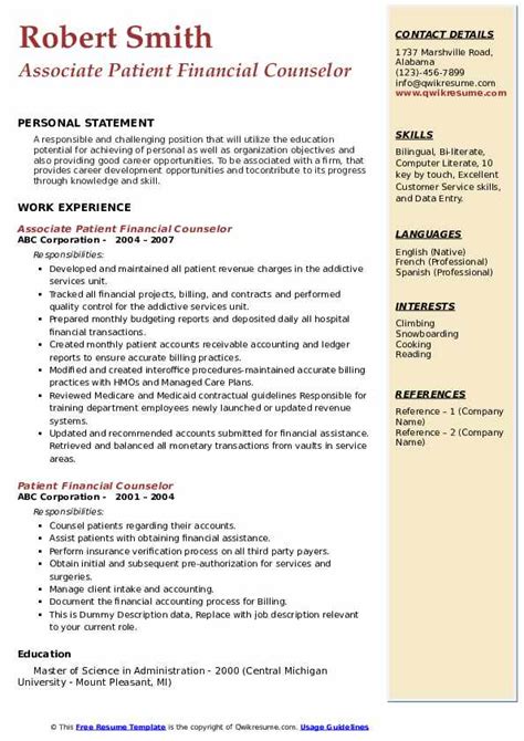 Patient Financial Counselor Resume Samples Qwikresume