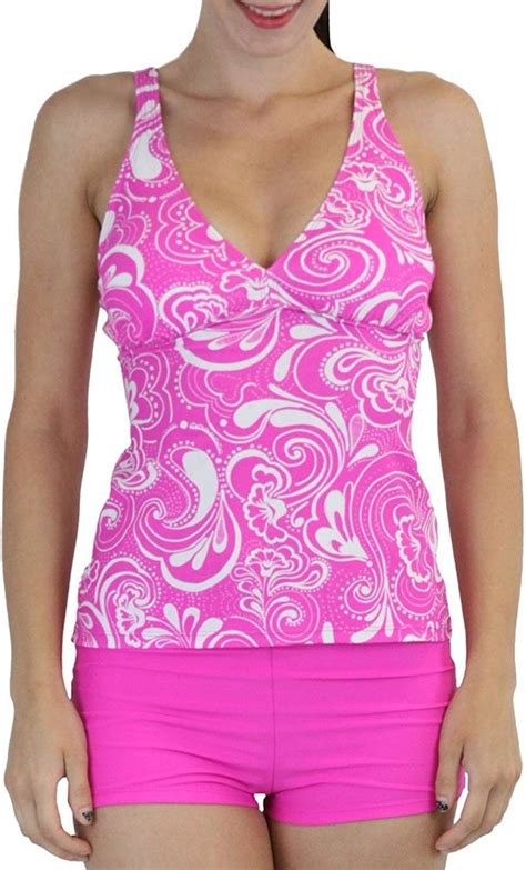 Womens Full Coverage Tank Top And Shorts Two Piece Tankini Set Pink