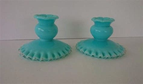 Fenton Turquoise Silver Crest Candlestick Holders Pair Of