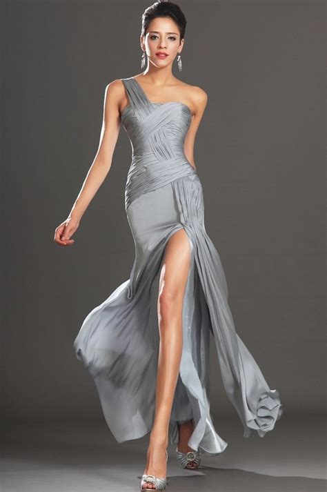 Sexy Women Formal Dress Silver Grey Pleated One Shoulder High Slit