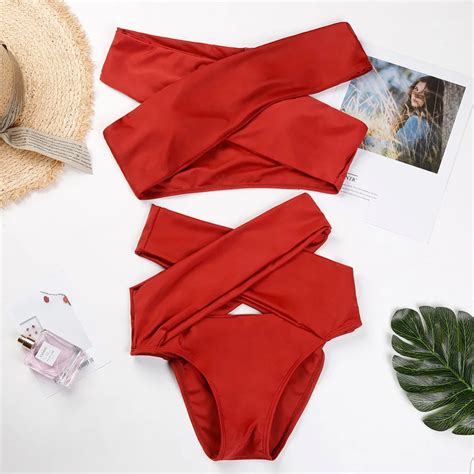 2018 New Sexy Bikinis Women Swimsuit Low Waisted Bathing Suits Red Strap Bikini Set Split Nylon
