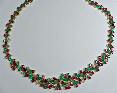 Tutti Frutti 6100 Carat Emerald Ruby Diamond Necklace 18k Gold For