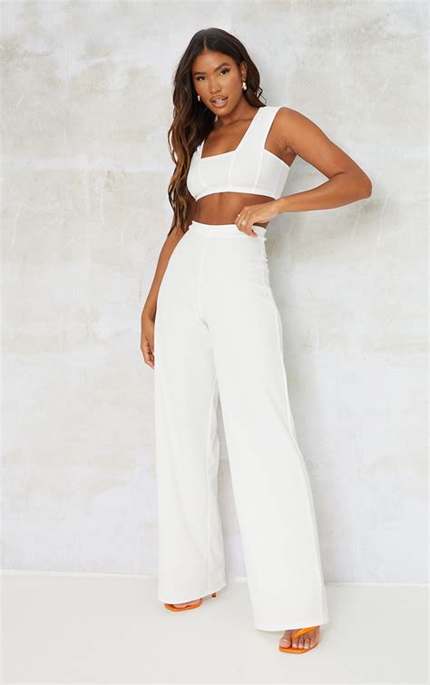 white crepe wide leg pants two piece sets prettylittlething ca