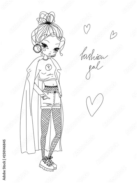 Vector Fashion Girl Linear Illustration Black And White Fashion Girl