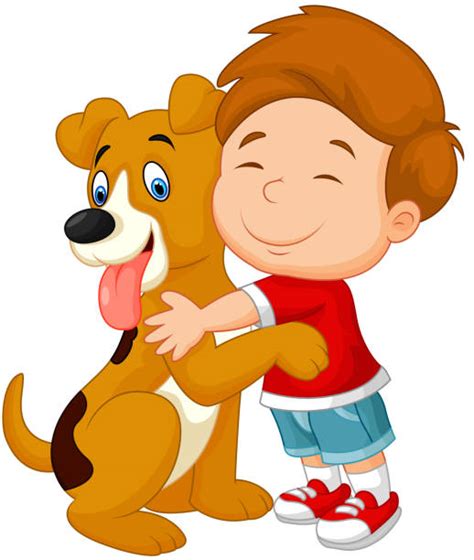 Royalty Free Happy Cartoon Young Boy Lovingly Hugging His Pet Dog Clip