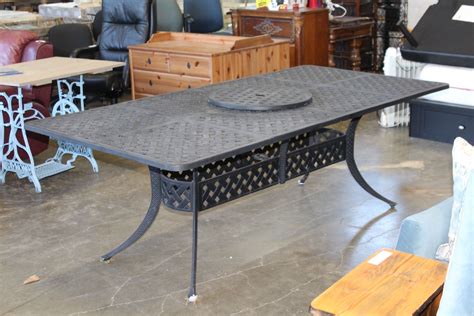 Black Cast Iron Patio Table And 6 Arm Chairs Lazy Susan And Umbrella Stand
